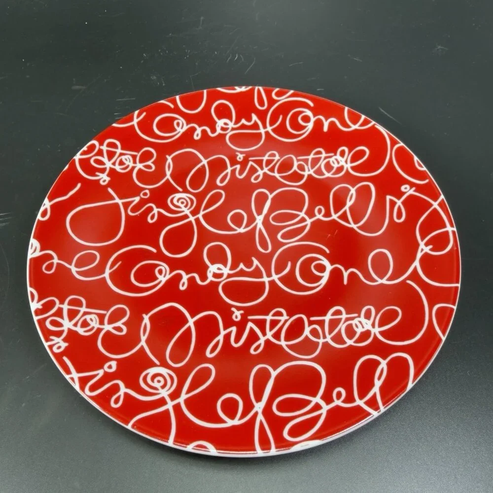 Crate & Barrel Artwork Script Christmas Holiday Dish Plate Set‎ 4 Plates 6.5inch